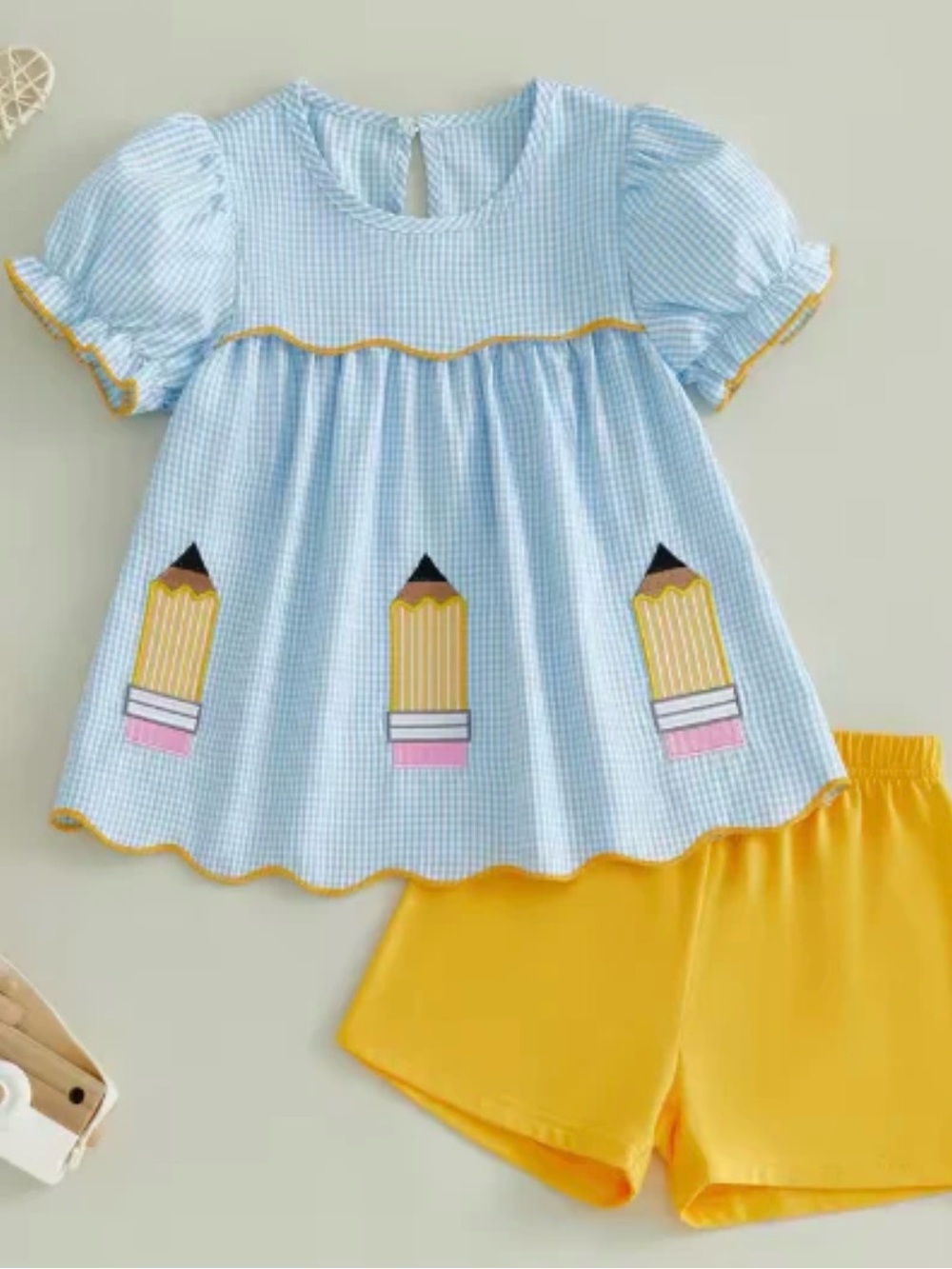 Blue Gingham Pencil Print Kids Pajama Set with Yellow Shorts
